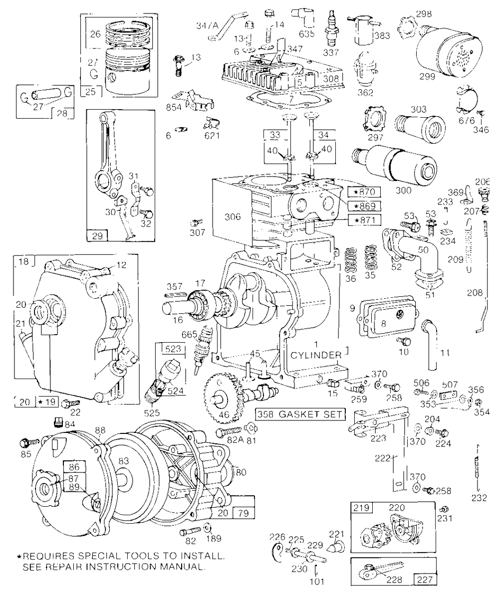 Cylinder,crankcase,gear Case Diagram and Parts List for 80331-0528-XX  Briggs and Stratton Engine
